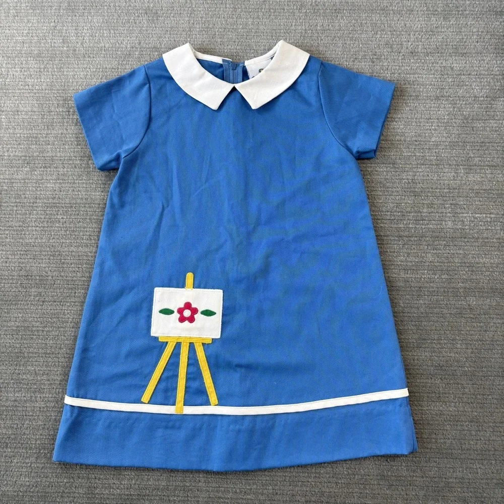 Florence Eiseman Floral Dress Girls 4T Blue White Peter Pan Collar Art Easel